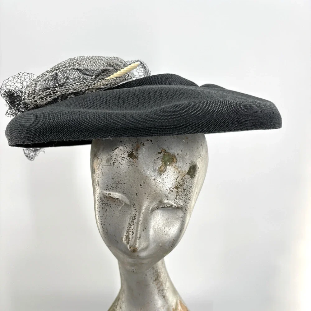 Vtg Black Tilt Fascinator Hat Birdcage Veil Cocktail Church Derby Wedding
